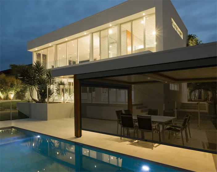 Motorised outdoor zip blinds installed on a Goan balcony by Surya Enterprises