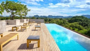 Anti-skid poolside deck flooring installed at resort in Goa